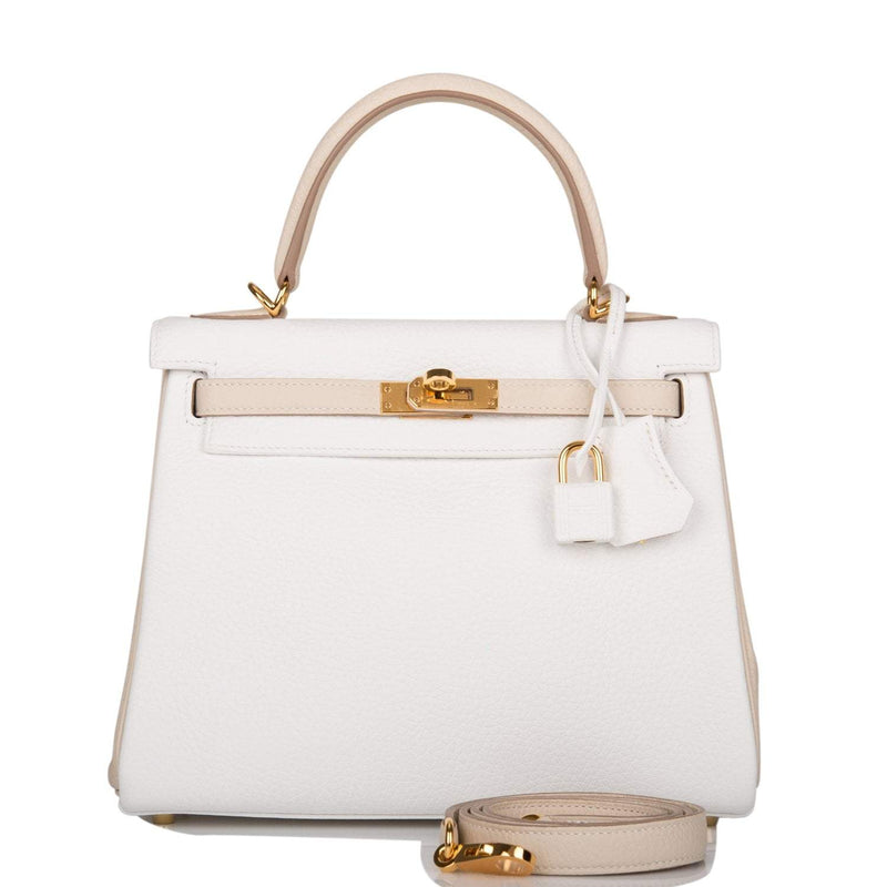 Hermes Horseshoe Stamp (HSS) Bi-Color White and Trench Clemence Retourne Kelly 25cm Gold Hardware