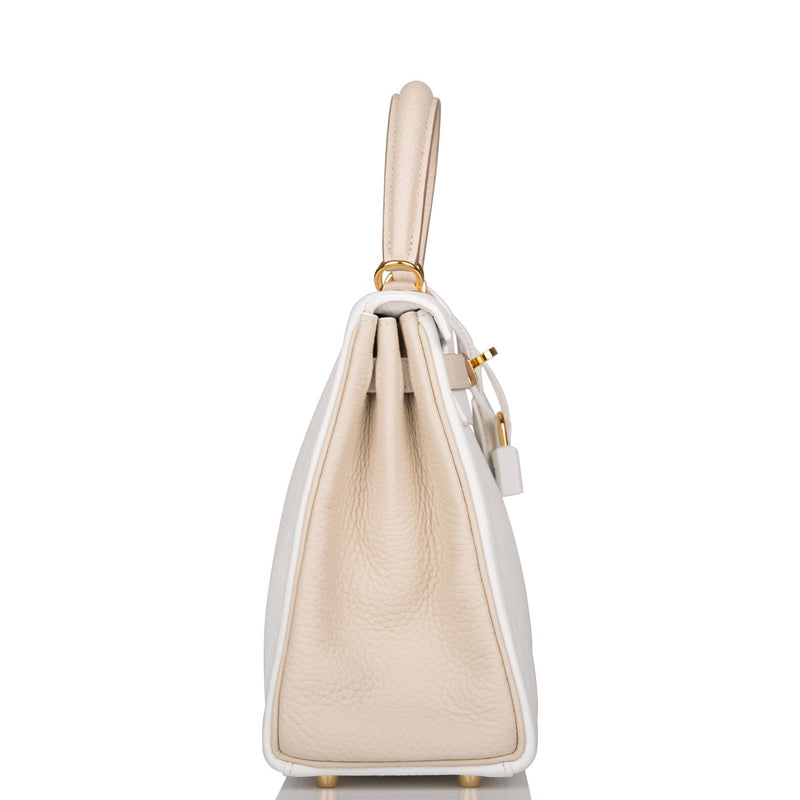 Hermes Horseshoe Stamp (HSS) Bi-Color White and Trench Clemence Retourne Kelly 25cm Gold Hardware