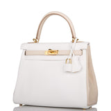 Hermes Horseshoe Stamp (HSS) Bi-Color White and Trench Clemence Retourne Kelly 25cm Gold Hardware