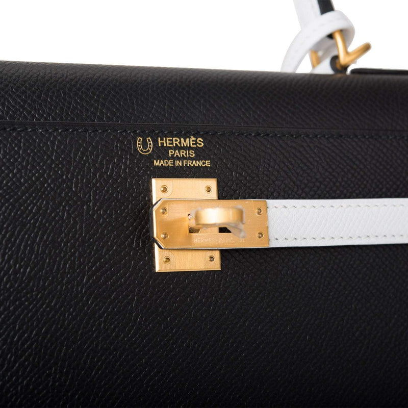Hermes Kelly 28cm Bi-Color Black and Craie Epsom Sellier Brushed Gold Hardware
