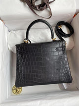 Hermes Black Shiny Niloticus Crocodile Sellier Kelly 28cm Gold Hardware
