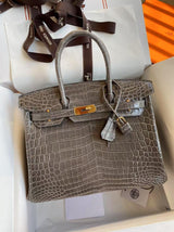 Hermes  Birkin 35cm Bi-Color Gris Tourterelle and Graphite Shiny Porosus Crocodile Brushed Palladium Hardware