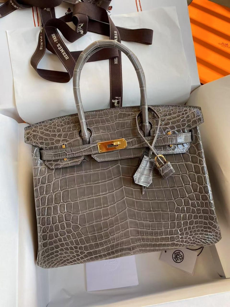 Hermes  Birkin 35cm Bi-Color Gris Tourterelle and Graphite Shiny Porosus Crocodile Brushed Palladium Hardware
