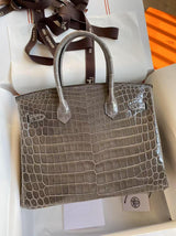 Hermes  Birkin 35cm Bi-Color Gris Tourterelle and Graphite Shiny Porosus Crocodile Brushed Palladium Hardware