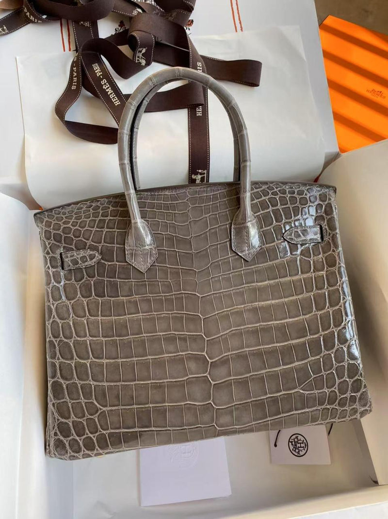 Hermes  Birkin 35cm Bi-Color Gris Tourterelle and Graphite Shiny Porosus Crocodile Brushed Palladium Hardware