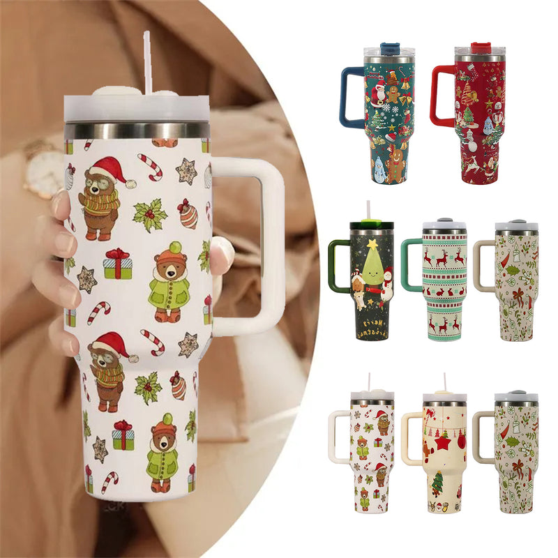 Christmas Pattern Mug With Handle Lid Straw Drinkware Stainle