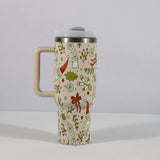 Christmas Pattern Mug With Handle Lid Straw Drinkware Stainle