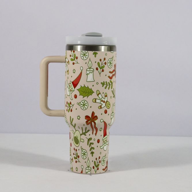 Christmas Pattern Mug With Handle Lid Straw Drinkware Stainle