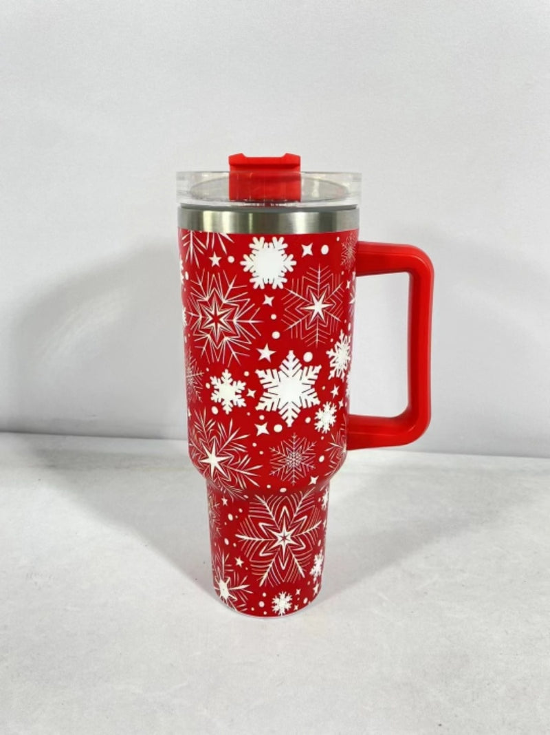 Christmas Pattern Mug With Handle Lid Straw Drinkware Stainle