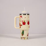 Christmas Pattern Mug With Handle Lid Straw Drinkware Stainle
