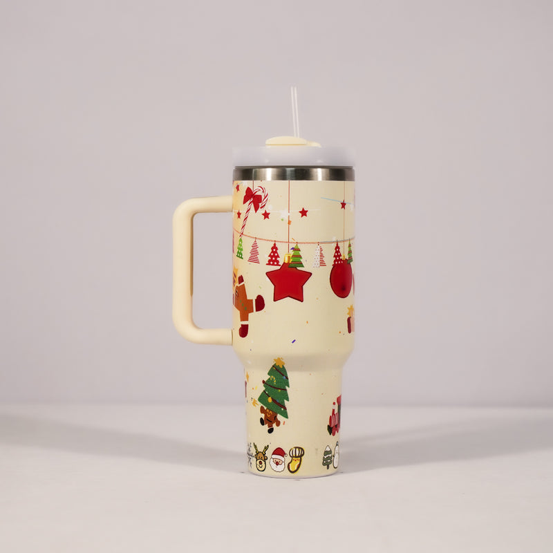 Christmas Pattern Mug With Handle Lid Straw Drinkware Stainle