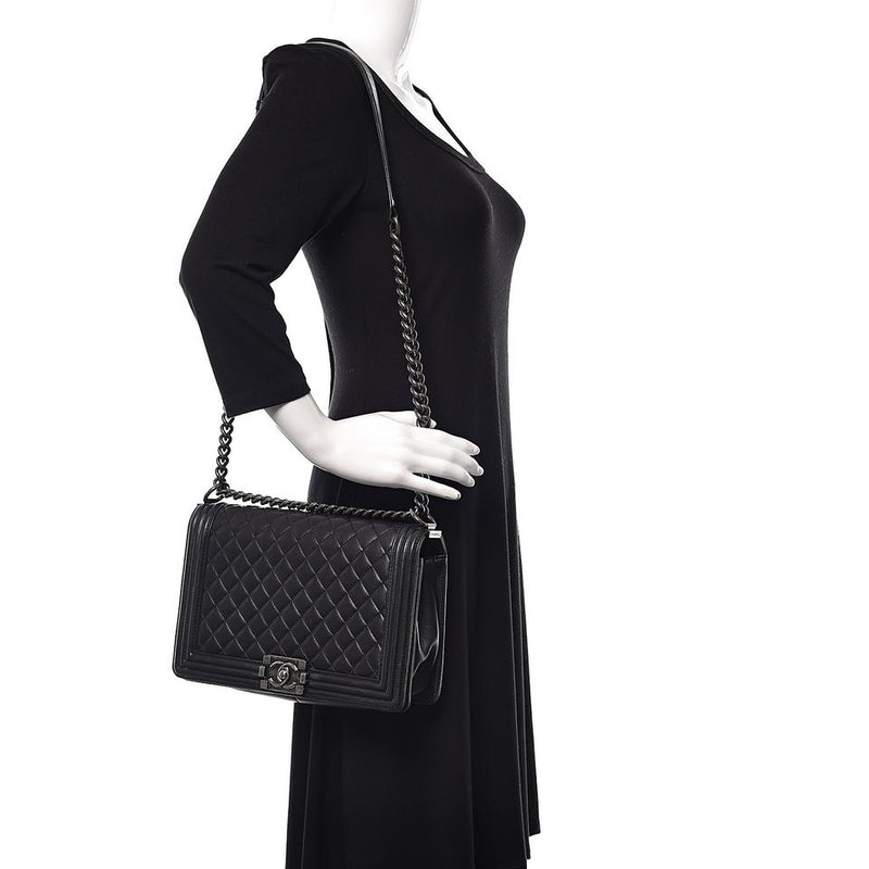 Chanel Boy Quilted New Medium Flap Black Lambskin Leather Cross Body Bag