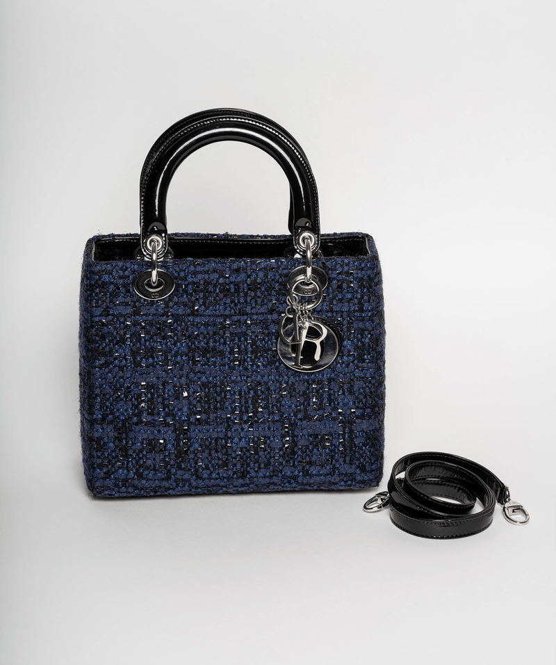 Christian Dior Blue Tweed and Patent Lady Dior Bag - Cap N Wrap