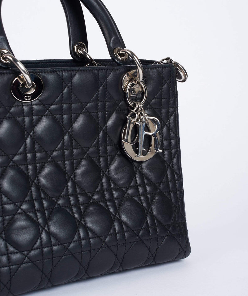 Christian Dior Black Leather Lady Dior Medium PHW - Cap N Wrap