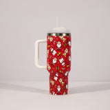 Christmas Pattern Mug With Handle Lid Straw Drinkware Stainle