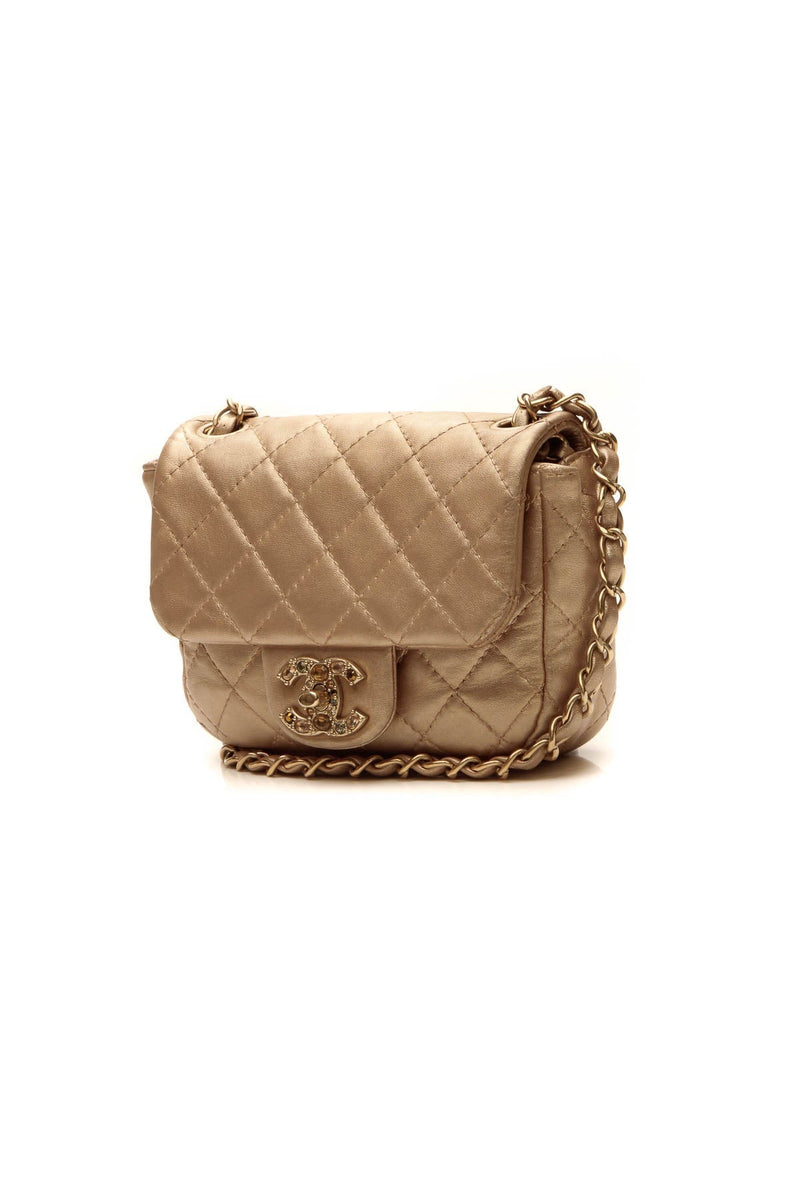 Crystal Quilted Flap Crossbody Bag - Gold